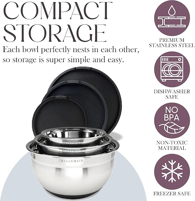 Bellemain Stainless Steel Non-Slip Mixing Bowls with Lids (5 Piece, Silver/Black)