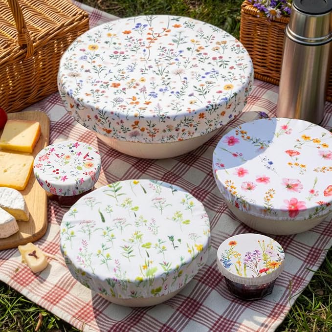 Patelai 10 Pcs Bowl Covers Reusable in 5 Size Stretch Cloth Fabric Elastic Food Storage Bowl Covers Bread Sourdough Lids for Proofing Food Fruits Leftover (Spring Style)