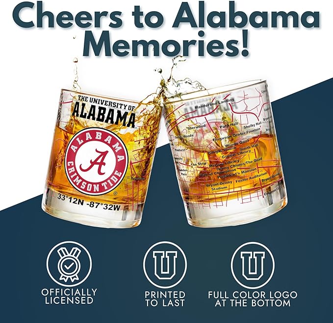 Greenline Goods – University of Alabama Crimson Tide College Whiskey Glasses (Set of 2), 10 oz – Full-Color Logo + Campus Map