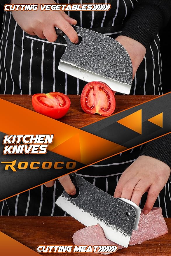 ROCOCO 13PCS Butcher Cleaver Knife Set for Meat Cutting Serbian Chef Viking Boning Knife with Roll Bag for Kitchen Outdoor BBQ Camping Birthday Christmas Father Mother Gift Idea Men