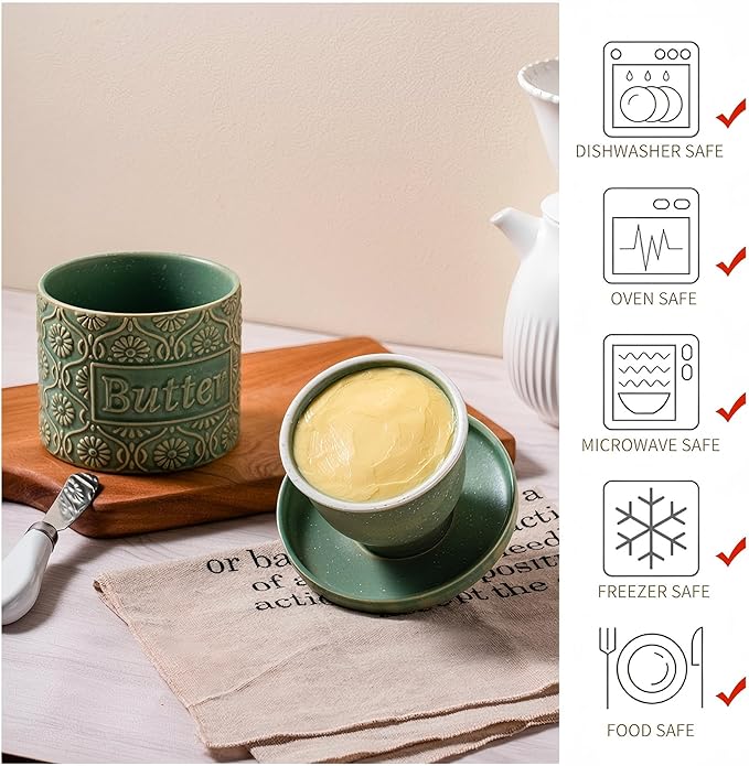 Ceramic Butter Crock with Lid, French Butter Dish with Water Line for Countertop, Butter Keeper for Spreadable Butter, Container Holder for Kitchen and Home Decor, 6.7 OZ, Vintage Green