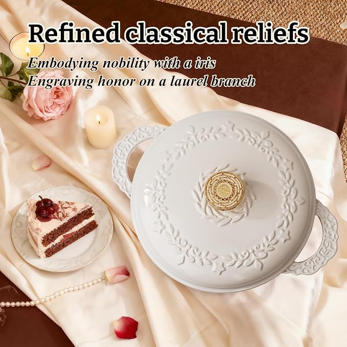 6 Quart Chip-resistant Enameled Cast Iron Dutch Oven Pot with Lid and Elegant Gold Hollow Knob With Handcrafted Inlaid Cubic Zirconia Detail, Safe For Bake,Stew, Braise, Boil, Deep Fry, Roast (White)