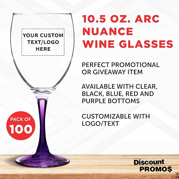 Custom Nuance Wine Glasses by ARC 10.5 oz. Set of 100, Personalized Bulk Pack - Restaurant Glassware, Perfect for Red Wine, White Wine, Cocktails - Purple