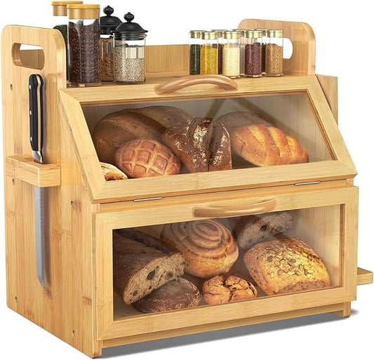 BAMBANG Extra Large Bread Box, Double Layer Bread Box for Homemade Bread, Bamboo Wooden Bread Storage Container with Tool Holder & Handles & Window, Assembly Required(14.9" x 11" x 15.3") Natural