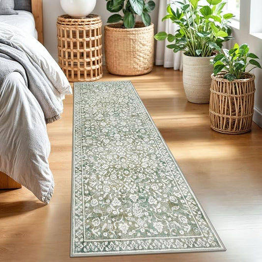 Vintage 2x7 Runner Rug, Sage Green Beige Washable Runners for hallways, Super Soft Kitchen Runner Rug Non Slip, Print Faux Wool Floral Thin Carpet Runner for Entryway Indoor Bedside Runner