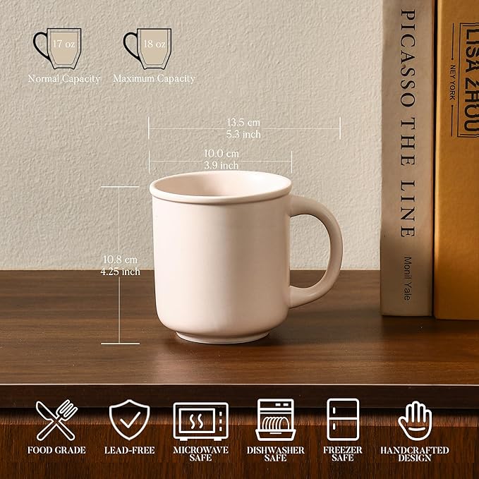 GZG 18 oz Coffee Mugs Set of 4, Modern Ceramic Coffee Cups Set with Handle, Large Coffee Mugs for Tea, Latte, Milk, Cocoa, Rustic Matte Glaze, Microwave & Dishwasher Safe(Cream Mist)