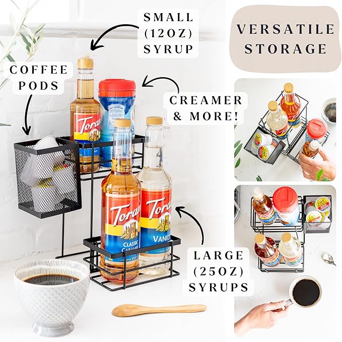 Bella Beau Coffee Syrup Organizer, Coffee Syrup Dispenser, w/Moveable Mesh, Syrup Rack, Tea Station Stand for Countertop, Holds 4 Bottles, Tea Bar Accessories for Countertop