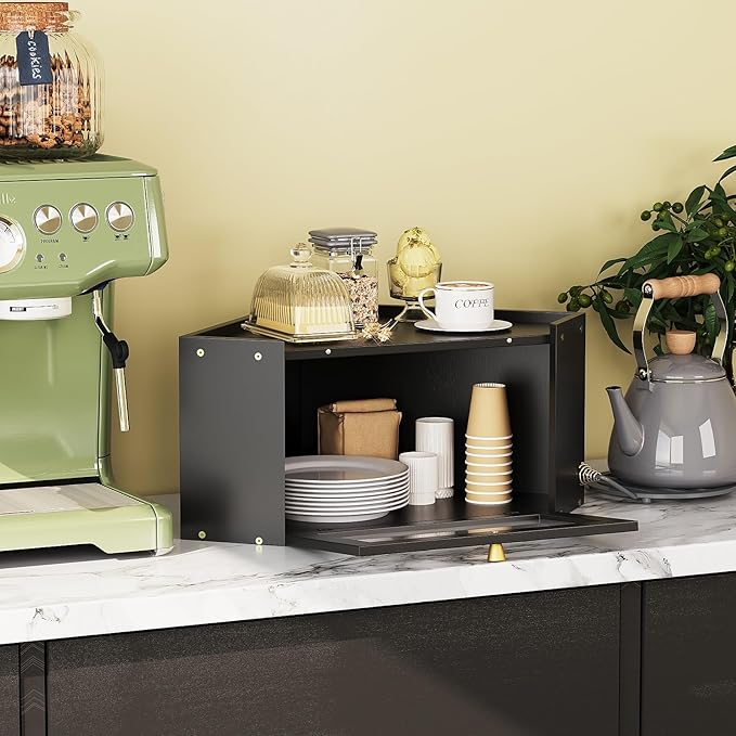 Corner Bamboo Bread Box for Kitchen Counter Large Capacity Rustic Bread Storage Container with Wavy Arcylic Transparent Door Vintage Storage for Homemade Bread (Black)