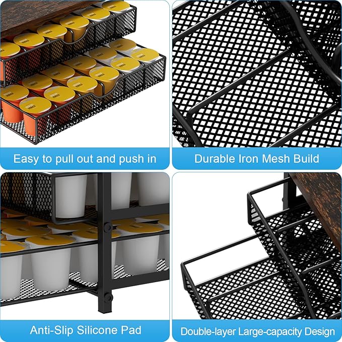 Coffee Pod Drawer Holder Capsule Storage Organizer 2 Tier Coffee Pods Holder With Sliding Baskets for 72 Capacity K Pod, Suit for Home Office Cafe Counter (Black)