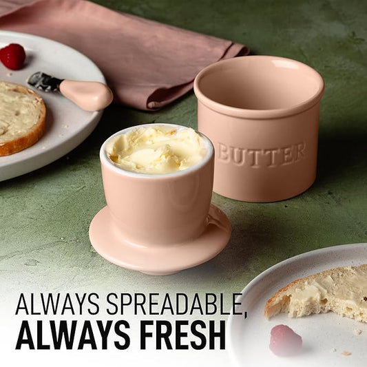 Zulay Kitchen Butter Crock With Lid & Spreader Knife for Countertop - Ceramic French Butter Dish Keeper For Fresh & Spreadable Butter - Peach