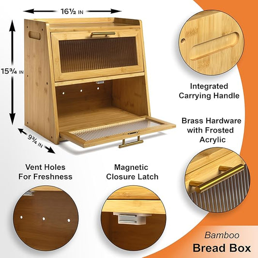 Bamboo Bread Box for Kitchen Countertop, Large Dual-Layer Breadbox Provides Double the Bread Storage Space, Holds Multiple Loaves, Durable & Beautiful with Frosted Acrylic Panels