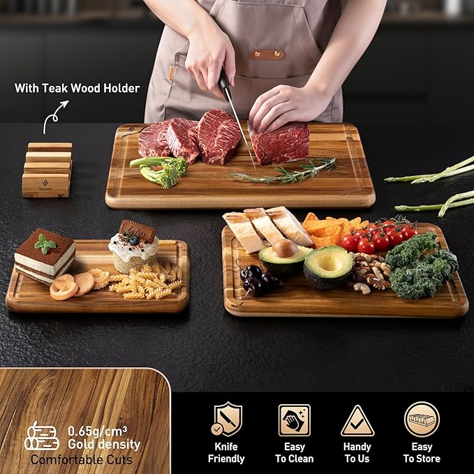 3 Pack Teak Wood Cutting Board Set for Kitchen Charcuterie Board Serving Heavy Duty Non Toxic Slip Over Sink Solid Thick Haus Wooden Chopping Board Large Big Small Meat Best Kitchen Essential Gift