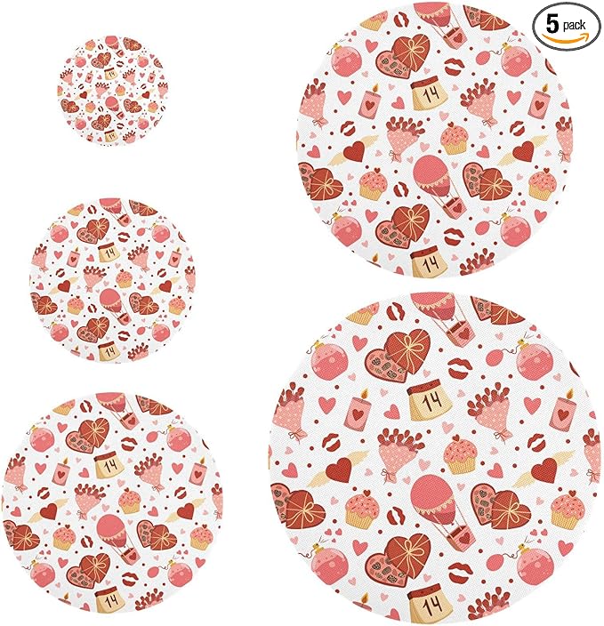 5 Pcs Bowl Covers Reusable in 5 Size Elastic Food Cover Cloth Lids Fresh Keeping Dish Cookware Bakeware Fabric Covers Lids for Food Leftovers Fruits Storage Valentine Romantic Love Flowers