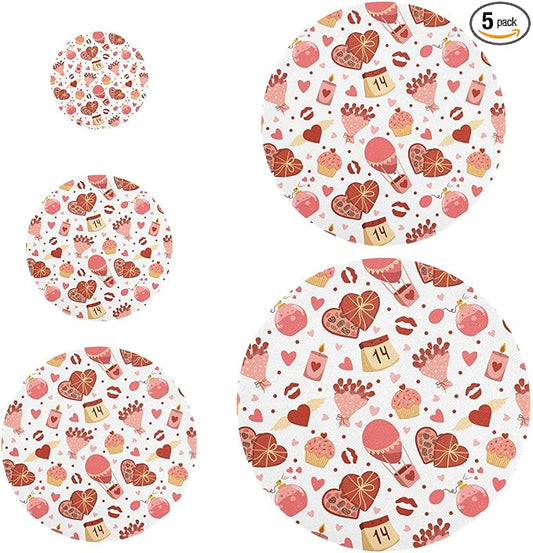 5 Pcs Bowl Covers Reusable in 5 Size Elastic Food Cover Cloth Lids Fresh Keeping Dish Cookware Bakeware Fabric Covers Lids for Food Leftovers Fruits Storage Valentine Romantic Love Flowers