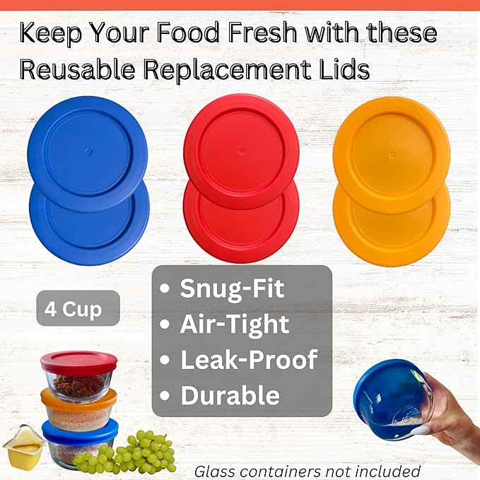 4 Cup/950 mL Orange, Red, Blue Replacement Lids/Covers for Pyrex 7201-PC, 4 Cup/32oz Anchor Hocking & Klare Ware Storage Bowls *Lids Only* - *Glass Container Not Included* (6 Pack, Orange, Red, Blue)