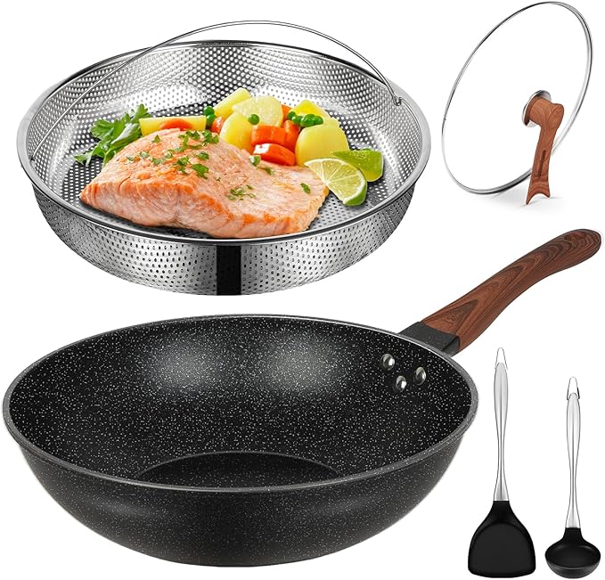 AOSION 13'' Nonstick Wok, Woks & Stir-Fry Pans Non Stick Wok with Lid and Steamer Basket Spatula Ladle, 100% PFOA Free Induction Wok Pan for Electric, Gas, Halogen, All Stoves
