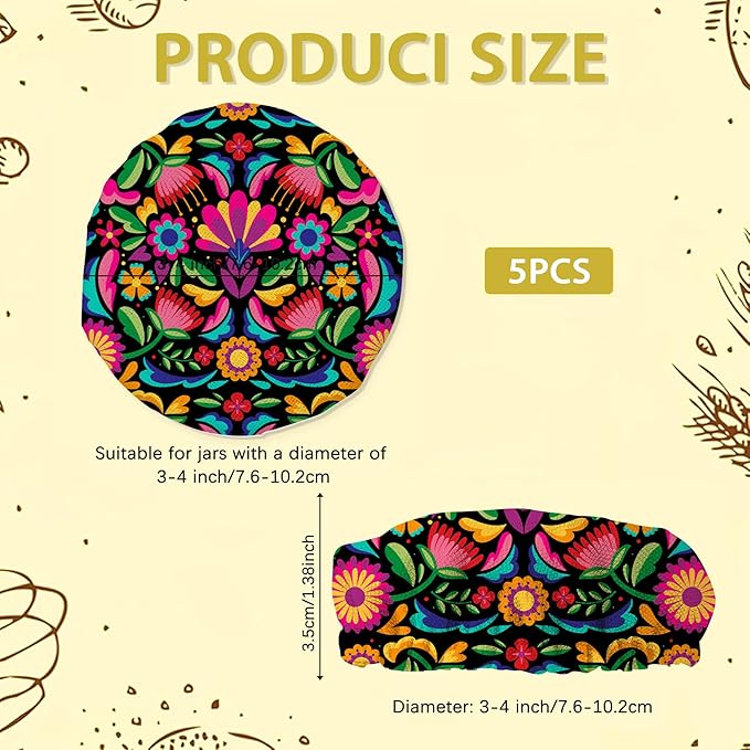 Colorful Floral Mexican Sourdough Jar Cover Reusable Cloth Lid for Sour Dough Starter Jar,5 Pack Bread Fermentation Container Tops Elastic Fabric Caps