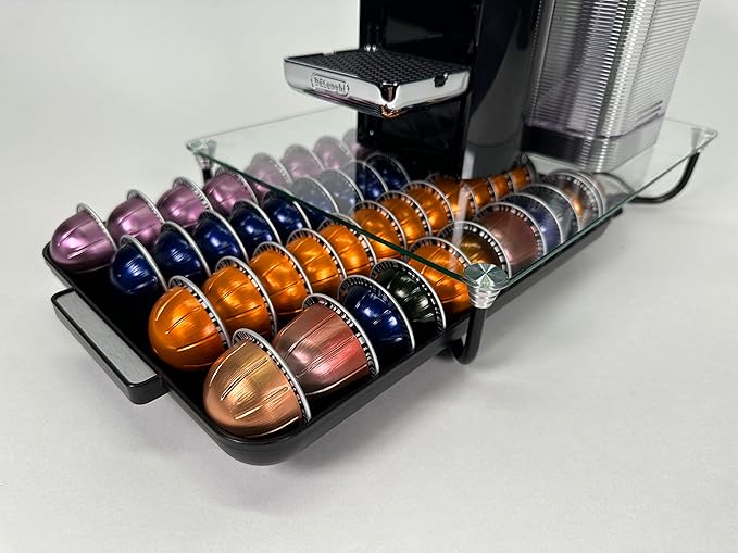 Nifty Solutions Glass Top Vertuoline Pod Capsule Drawer - Compatible with Nespresso Vetuo Pods, 40 Large or 52 Small Pod Capsule Holder