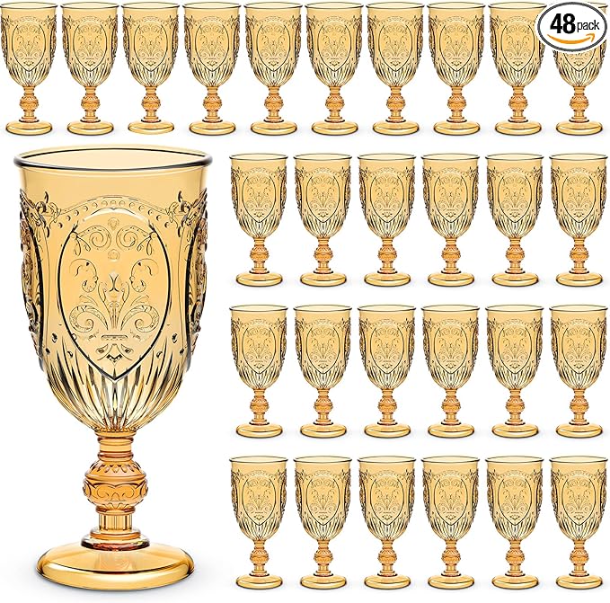 48 Pcs Plastic Goblets 7.5oz Vintage Goblet Plastic Wine Glasses Colored Retro Embossed Water Goblets for Wine Bar Juice Baby Shower Wedding Reception Grand Event Party (Amber)