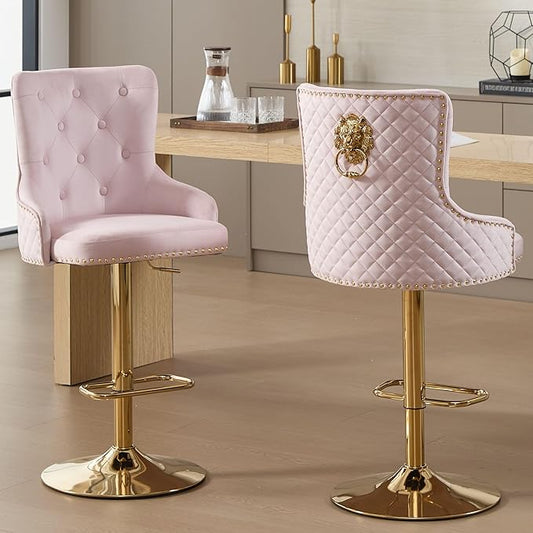 Velvet Gold Barstools Set of 2, Modern Counter Height Adjustable Swivel Stools Chairs with High Tufted Backrest Golden Base Lion Head Pull Ring Diamond Pattern Rivet Trim for Kitchen (Pink)