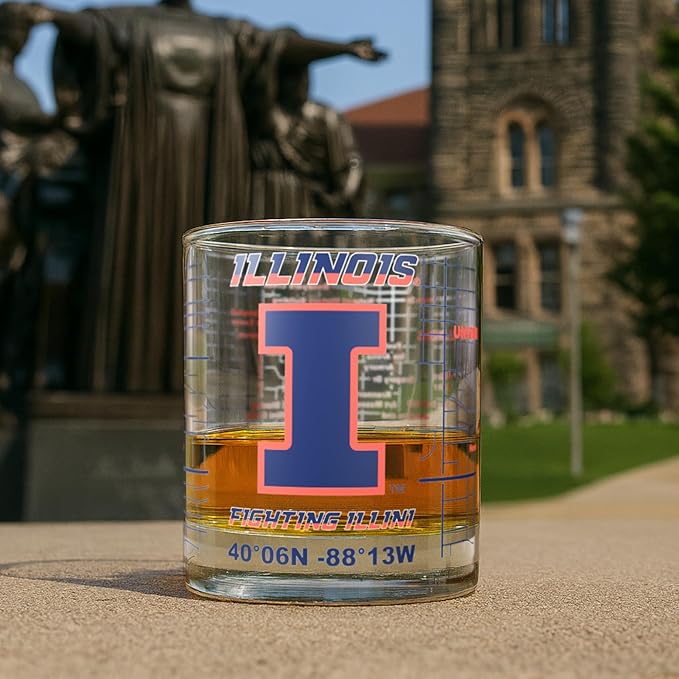 Greenline Goods – University of Illinois Fighting Illini College Whiskey Glasses (Set of 2), 10 oz – Full-Color Logo + Campus Map
