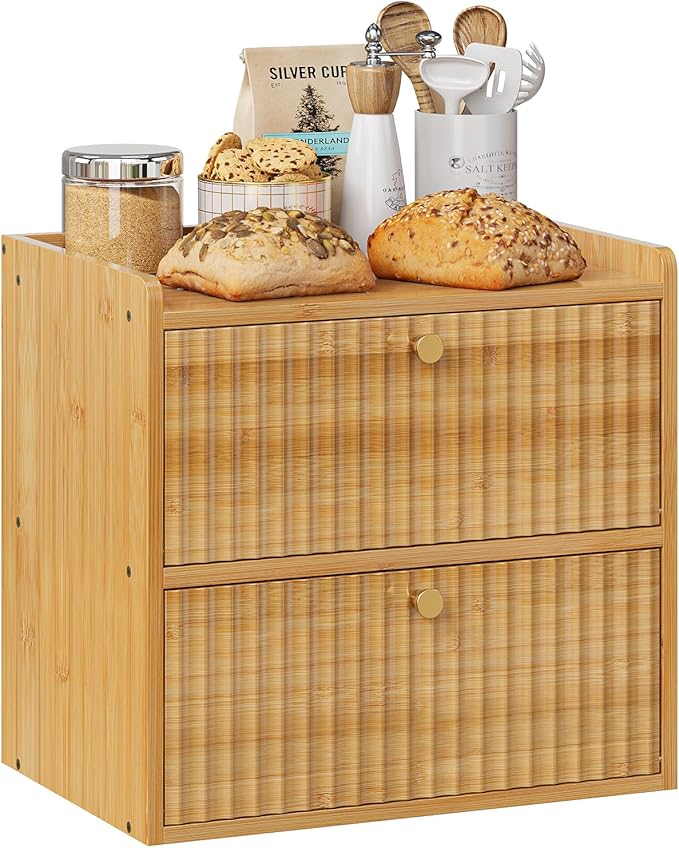 Rustic Bread Box for Kitchen Countertop Bamboo Bread Storage Container Bin Double Layer BreadBox Farmhouse Large Capacity Food Organizer (Natural Bamboo)