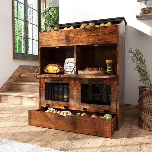Verano Garden Large Potato Storage Bin, Wooden Bread Box with Lid, Potato and Onion Storage Bin with 4 Mesh Doors & Removable Drawer, Fruit and Vegetable Storage Rack for Kitchen (Rustic Brown, 31.5")