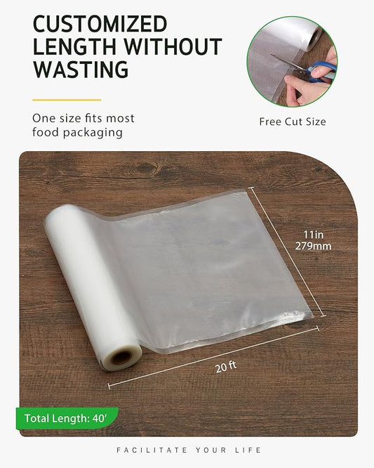 Syntus Vacuum Sealer Bags for food, 2 Pack 11" x 20' Commercial Grade Bag Rolls, Food Vac Bags for Storage, Meal Prep or Sous Vide