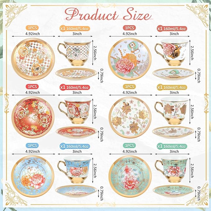 Set of 6 Tea Cups and Saucers Tea Party Decorations Floral Porcelain 5.4 oz British Gift for Women Birthday Party, Church, and Mother's Day (Stylish Style,5.4 oz)