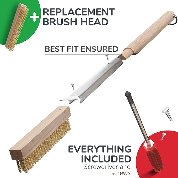26” Pizza Oven Brush with Stone Scraper - Heat Resistant Stainless Steel Bristles, Extra Long Handle - Compatible with Ooni Ovens - Includes Spare Head