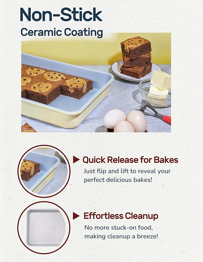 LeGourmet Nonstick Rectangle Baking Pan 9x13 Inch, Ceramic Coating, Non-Toxic, Rust Resistant Aluminized Steel, Perfect Baking Dish for Brownie Cake, Roasting, Lasagna - Rosemary