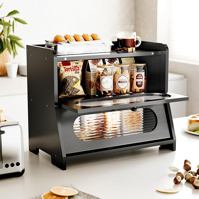 Bread Box for Kitchen Countertop,Double Layer Large Capacity Bamboo Bread Storage Container with Acrylic Wavy Door Panel for Kitchen Counter,Cabinet,Pantry(Black)