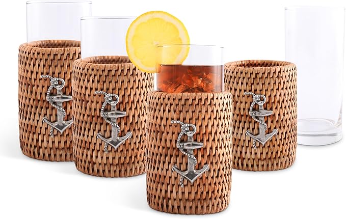 Vagabond House Set of 4 Tall Drinking Glasses with Hand Woven Rattan and Pewter Anchor Detail, Ideal for Water and Cocktails, Stylish Coastal Kitchen Accessory for Beach House Boating 6 Inches Tall