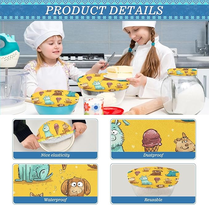 5 Pcs Bowl Covers Reusable in 5 Size Elastic Food Cover Cloth Lids Fresh Keeping Dish Cookware Bakeware Fabric Covers Lids for Food Leftovers Fruits Storage Bright Yellow Dogs and Ice Cream
