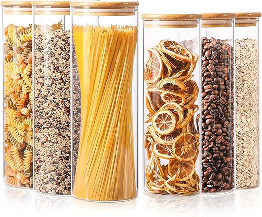 ComSaf Glass Food Storage Jars Set of 6, Tall Glass Storage Containers with Lids, Spaghetti Jar, Canisters Set for the kitchen, Pasta, Flour, Nuts, Oat, Coffee and Sugar Container, Pantry Organization