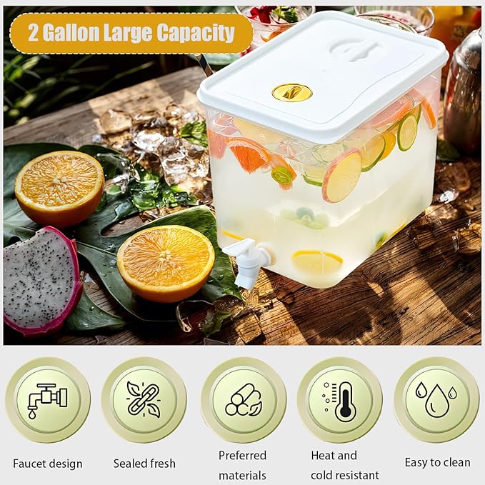 Beverage Drink Dispenser for Fridge, Plastic Beverage Dispenser with Spigot，Juice Container Sealed with Filter Screen，Cold Hot Drink Jug for Christmas Party Supplies (white 2PCS 2 Gallon)