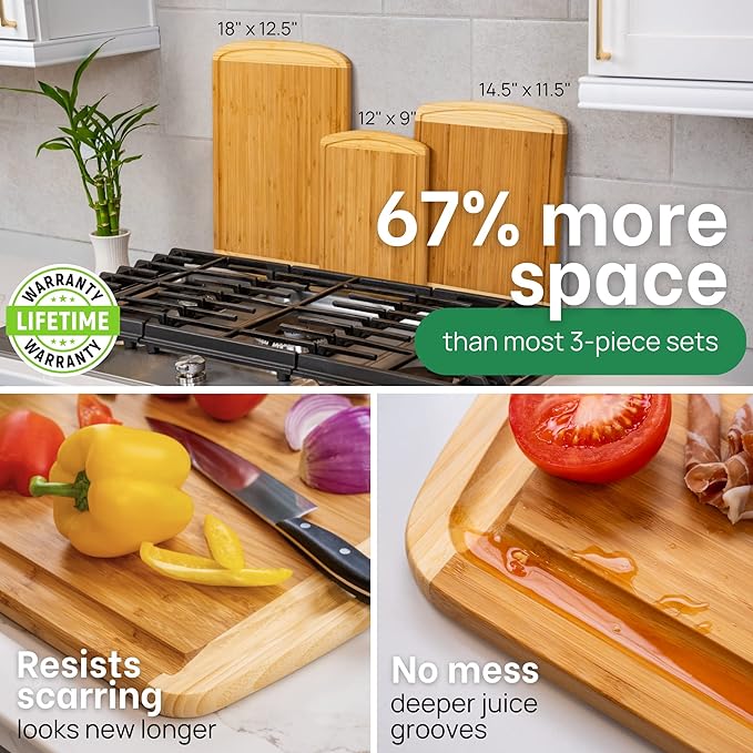 Extra Large Bamboo Cutting Board Set – Wood Cutting Boards for Kitchen, Non Toxic Cutting Board Set for Chopping, Slicing, Carving, Charcuterie – Ideal for Home Cooks, Entertaining, Family Meals
