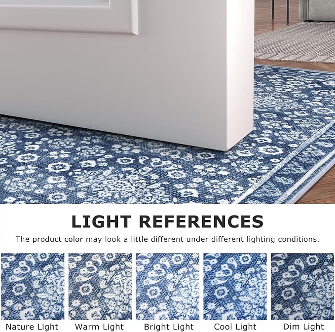 Vintage Washable 2x5 Rug Runner, Dusty Blue White Runners for hallways, Super Soft Kitchen Runner Rug Non Slip, Printed Faux Wool Floral Thin Carpet Runner for Entryway Laundry Room Bedroom