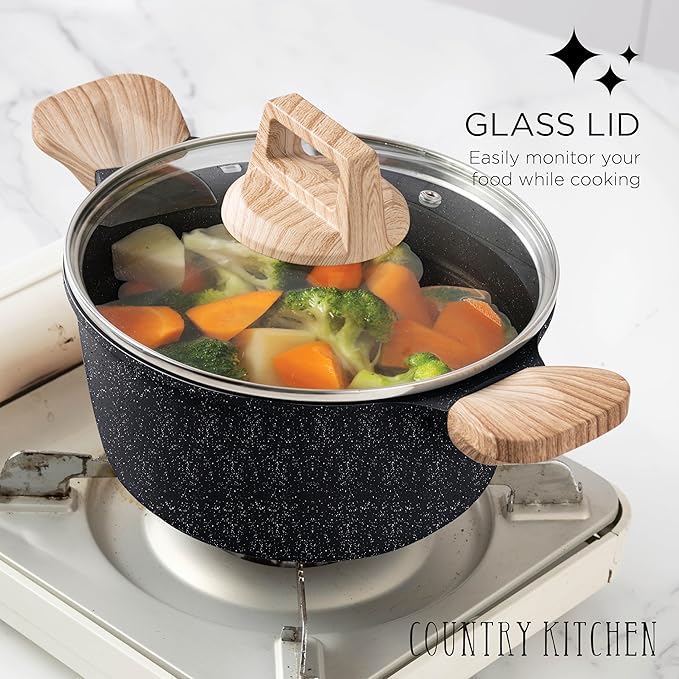 Country Kitchen Pots and Pans Set Nonstick, Cast Aluminum Kitchen Cookware Set with Utensils, 14 Pcs Non Stick Cooking Set w/Frying Pans & Saucepans, Black