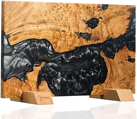 SENKEN "Black Tsunami" Extra Large Magnetic Knife Block - Holds Up to 16 Knives - Knife Block without Knives, Universal Knife Holder, Beautiful Dark Resin & Natural Wood Blend (Black Resin)