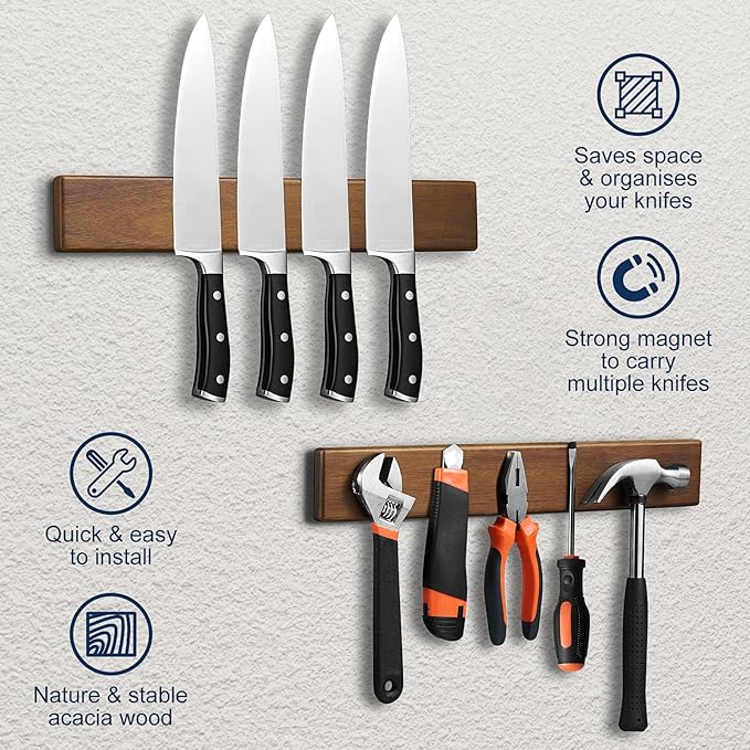 Magnetic Knife Strips, Magnetic Knife Holder for Wall 16 Inch, Acacia Wood Knife Magnetic Strip Use as Knife Bar, Knife Holder for Kitchen Utensil Organizer, Without hooks