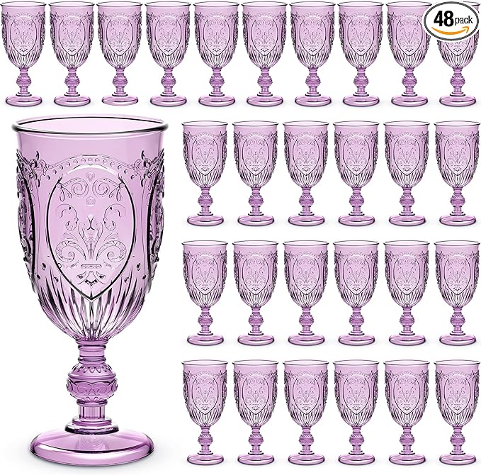 48 Pcs Plastic Goblets 7.5oz Vintage Goblet Plastic Wine Glasses Colored Retro Embossed Water Goblets for Wine Bar Juice Baby Shower Wedding Reception Grand Event Party (Purple)