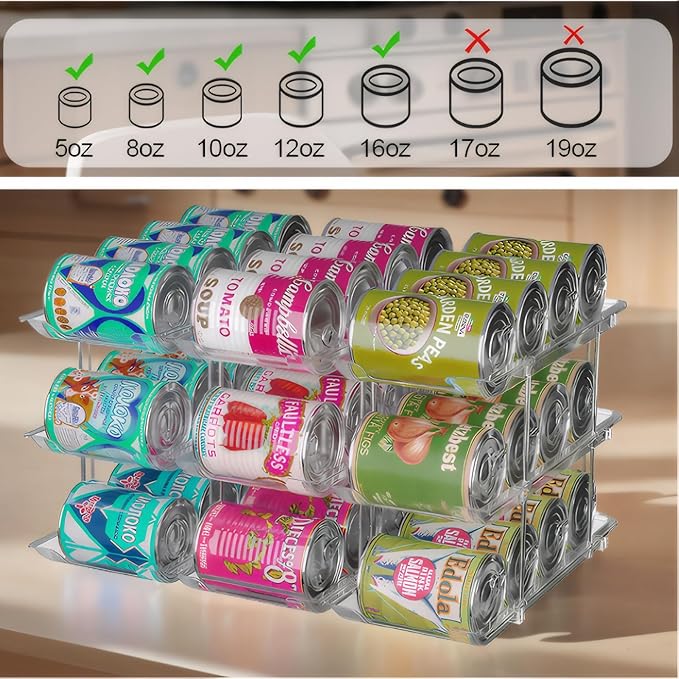cjc Can Organizer for Pantry, Clear Can Organizer for Fridge, Automatic Rolling Soda Pantry Organizers for 36 Cans, Stackable Storage Rack for Kitchen Cabinet (3 Sets 3 Tiers)