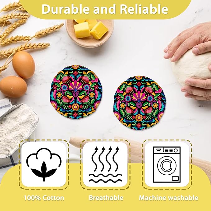 Colorful Floral Mexican Sourdough Jar Cover Reusable Cloth Lid for Sour Dough Starter Jar,5 Pack Bread Fermentation Container Tops Elastic Fabric Caps