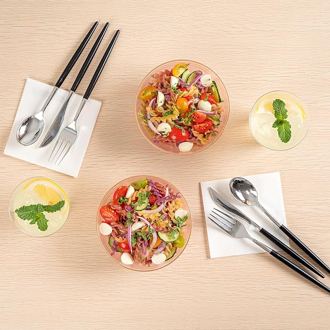 Restaurantware Plastic Bowls 100 Pcs 16 oz Gold Rimmed Disposable Soup Bowls Heavy-Duty Pink Translucent Rippled Dinnerware Containers for Party, Desserts, Salads, Snacks, and Catering