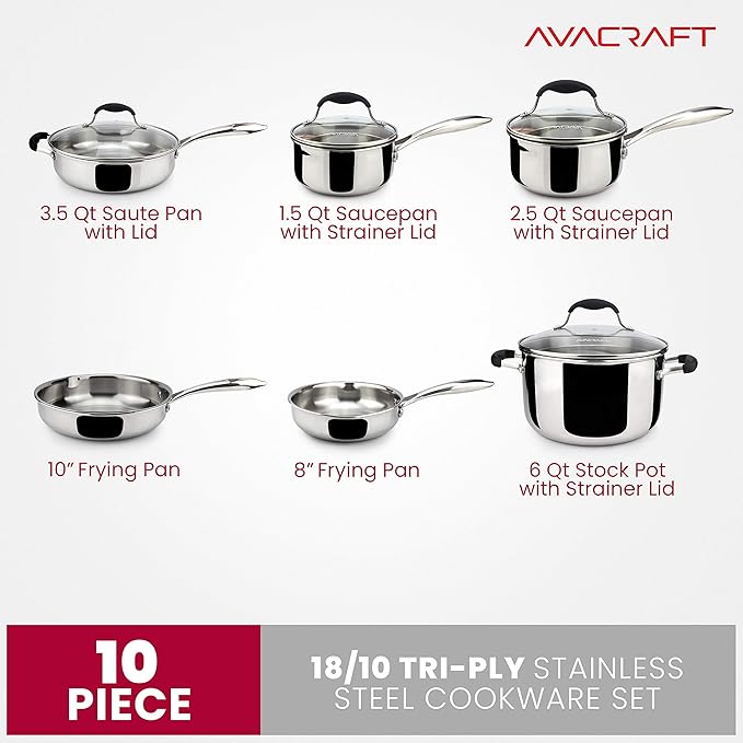 AVACRAFT 18/10 Stainless Steel Cookware Set, Premium Pots and Pans, Kitchen Essentials For Cooking, Multi-Ply Body Stainless Steel, 10-Pieces