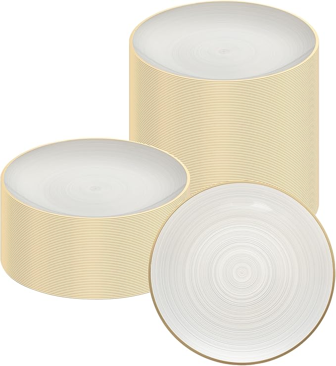 Restaurantware Plastic Plates 100 Pcs 7.25" Gold Rimmed Disposable Plates Heavy-Duty White Translucent Rippled Plastic Dinner Servers for Party, Weddings, Salads, Desserts, and Appetizers