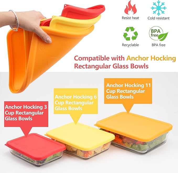 6 Cup Rectangle Silicone Storage Cover Lids Replacement for Anchor Hocking Glass Bowls (Container not Included) 2 Pack, Microwave, Dishwasher and Freezer Safe