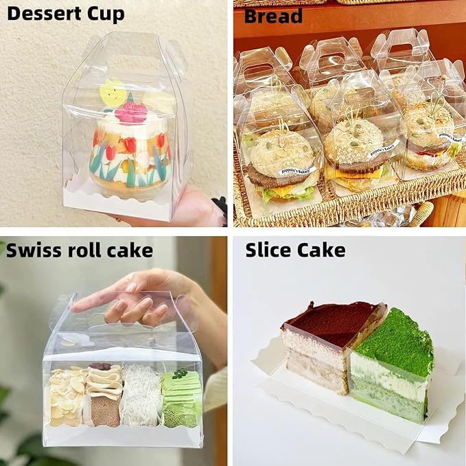 30 Pcs 6.3 Inch Clear Roll Cake Gable Boxes with Handle & Cake Boards, Transparent Plastic Gift Boxes，Easy Carrying Pastry Containers for Bakery Christmas Wedding
