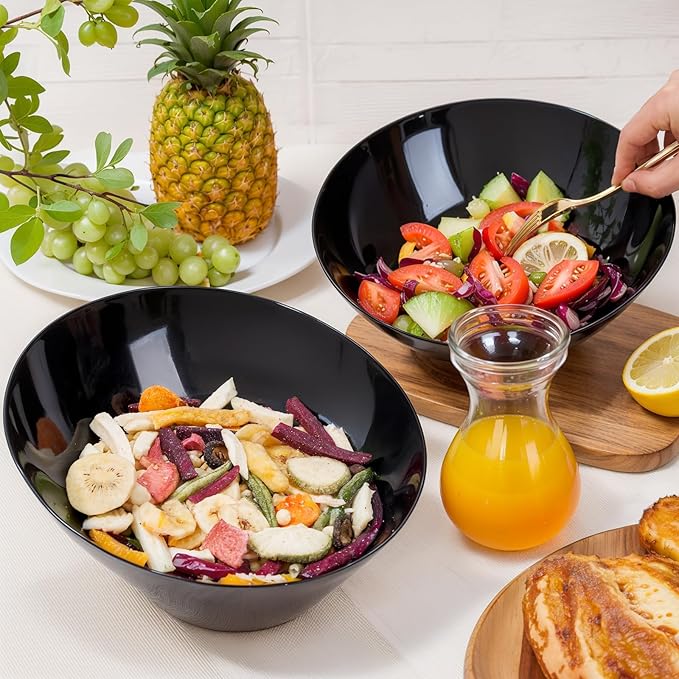 bUCLA 12 Pack Black Plastic Serving Bowls - 54 OZ Angled Bowls Disposable for Chip&Candy - Party Table Salad and Fruit for Party, Wedding & Halloween